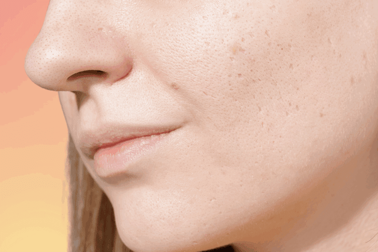 Side of woman's face with indented acne scars