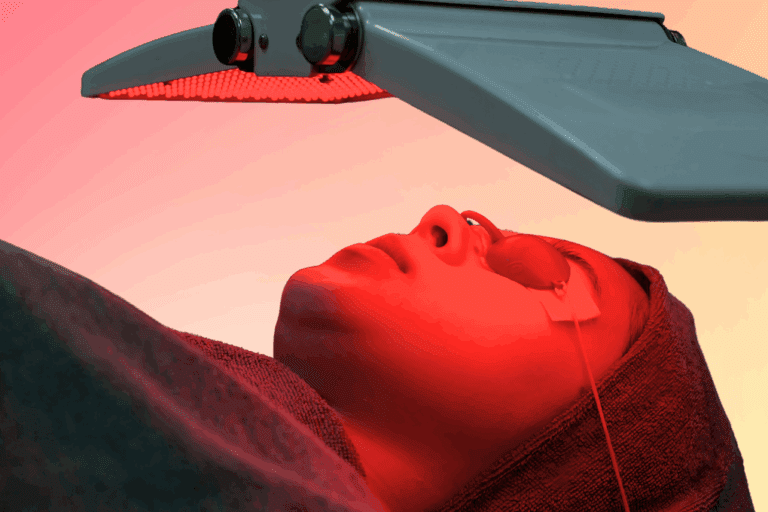 Woman with eye protection goggles laying under red light