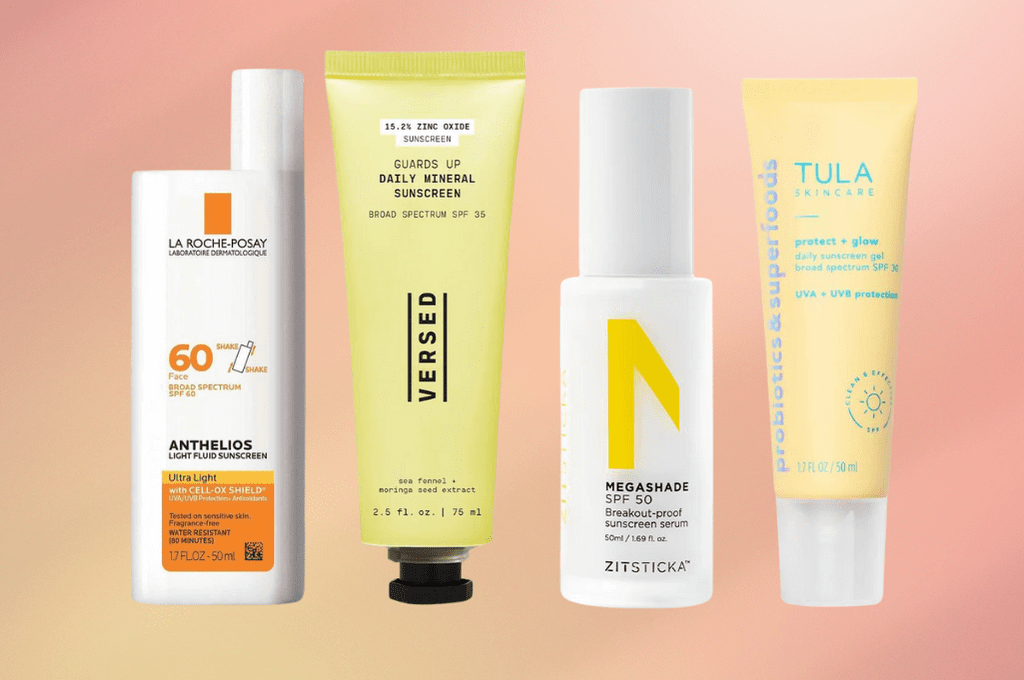 Selection of four sunscreens safe for acne-prone skin lined up