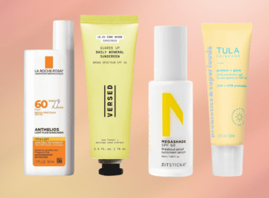 Selection of four sunscreens safe for acne-prone skin lined up