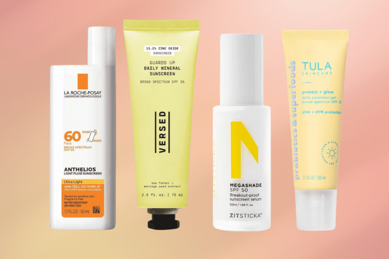 Selection of four sunscreens safe for acne-prone skin lined up