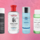 Four toners for acne prone skin on a pink watery background